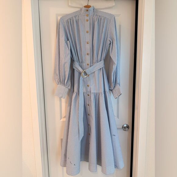 ZIMMERMANN Light Blue Striped Long Sleeve Utility Midi Dress, size 0 - Picture 6 of 16